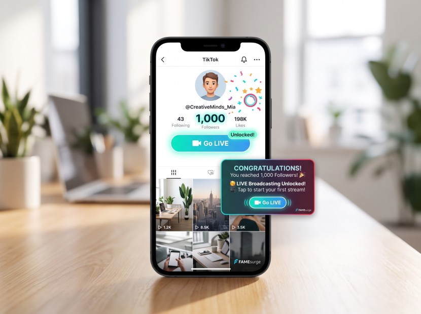 Smartphone showing a TikTok profile hitting 1,000 followers with the LIVE broadcast button unlocked.