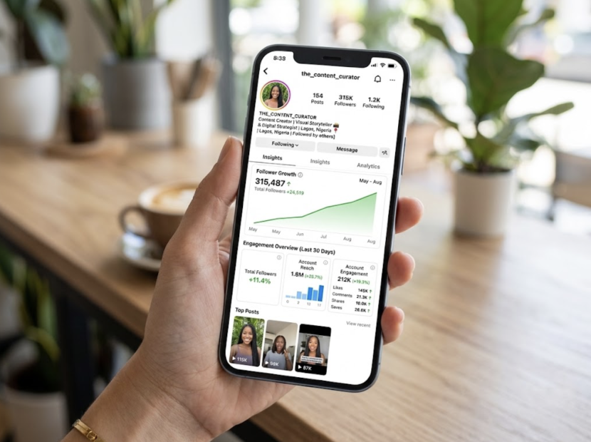Smartphone showing an Instagram profile with increasing follower metrics and engagement analytics.