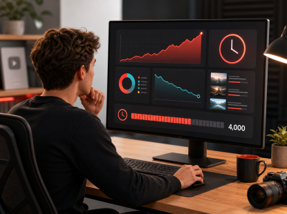 Creator reviewing YouTube watch time, audience retention, and monetization progress on an analytics dashboard.