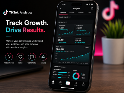 Smartphone displaying a TikTok analytics dashboard with increasing view counts and engagement metrics.