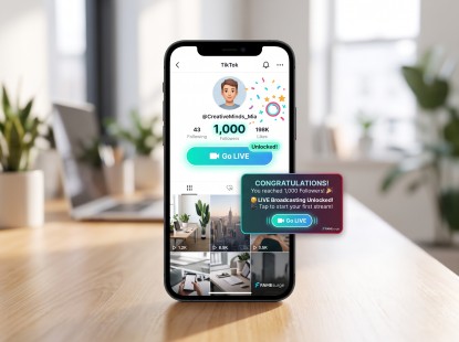 Smartphone showing a TikTok profile hitting 1,000 followers with the LIVE broadcast button unlocked.
